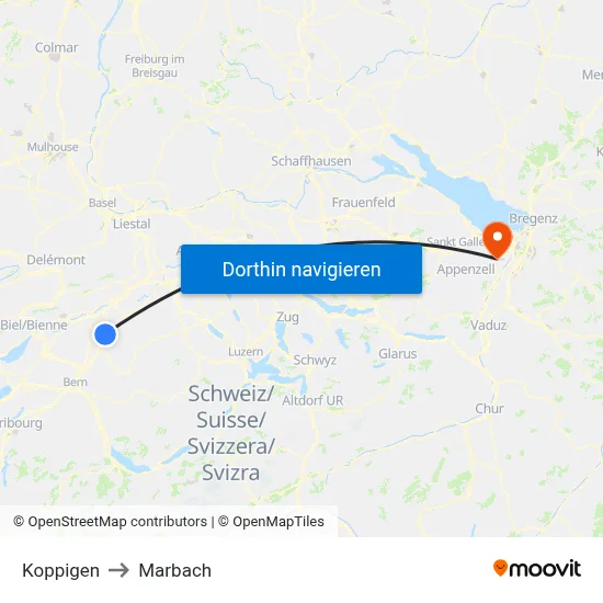 Koppigen to Marbach map