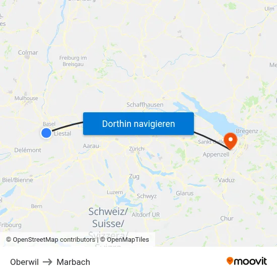 Oberwil to Marbach map