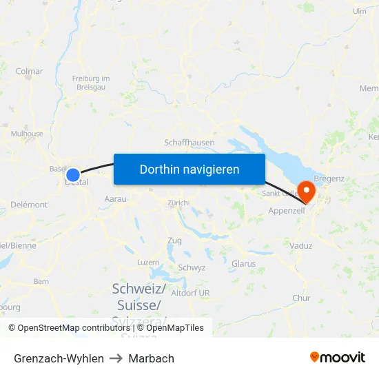 Grenzach-Wyhlen to Marbach map