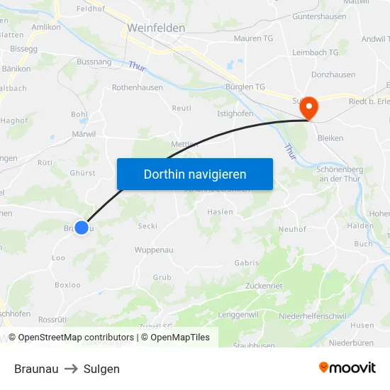 Braunau to Sulgen map