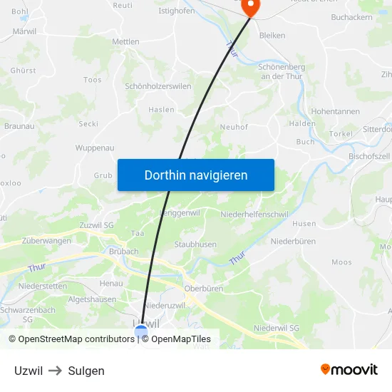 Uzwil to Sulgen map