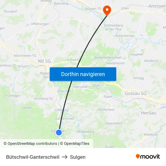 Bütschwil-Ganterschwil to Sulgen map