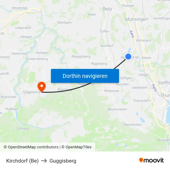 Kirchdorf (Be) to Guggisberg map