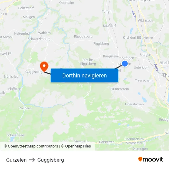 Gurzelen to Guggisberg map