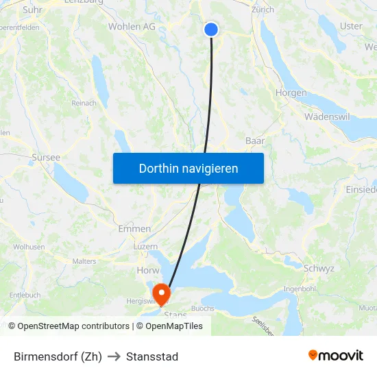 Birmensdorf (Zh) to Stansstad map