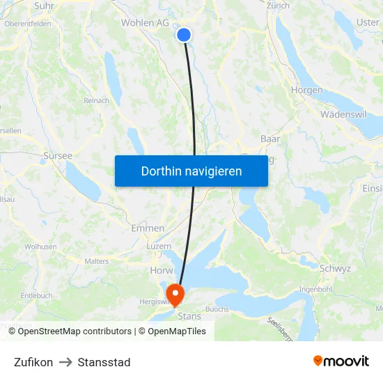 Zufikon to Stansstad map