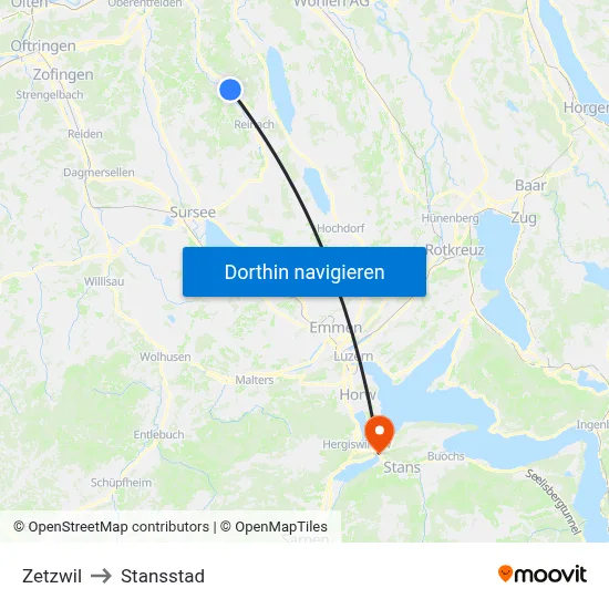Zetzwil to Stansstad map