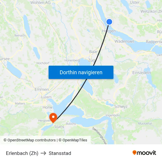 Erlenbach (Zh) to Stansstad map