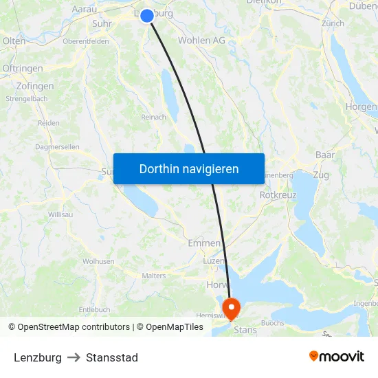 Lenzburg to Stansstad map