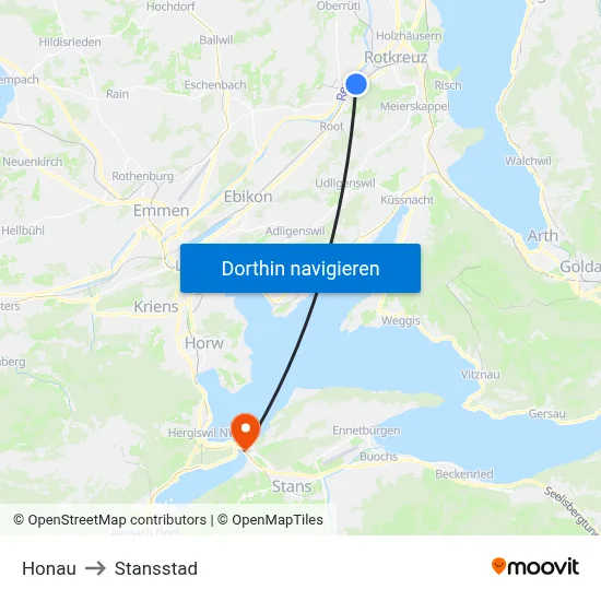 Honau to Stansstad map