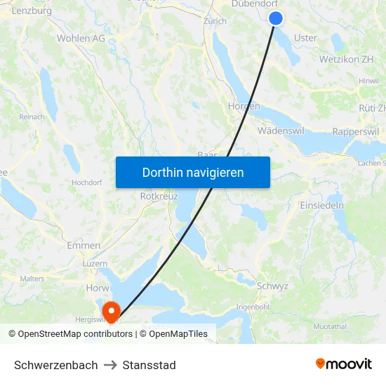 Schwerzenbach to Stansstad map