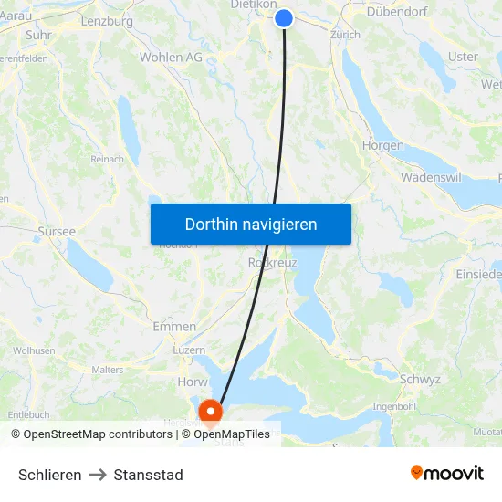 Schlieren to Stansstad map