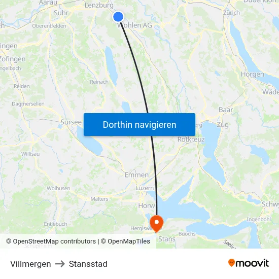 Villmergen to Stansstad map