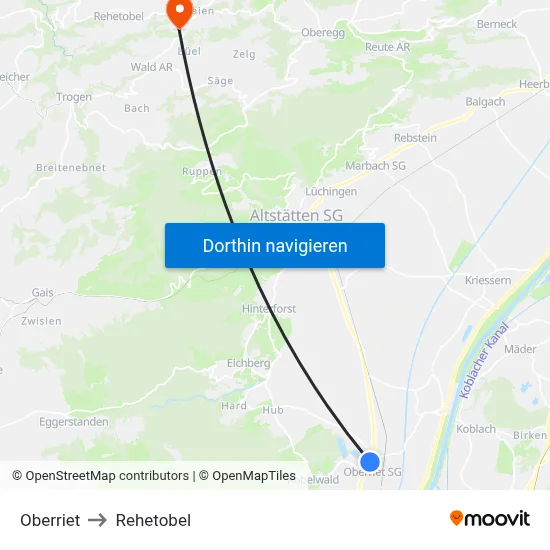 Oberriet to Rehetobel map
