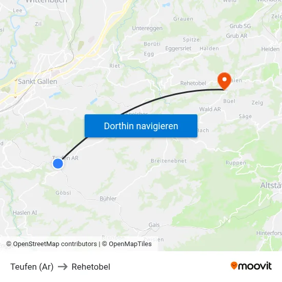 Teufen (Ar) to Rehetobel map