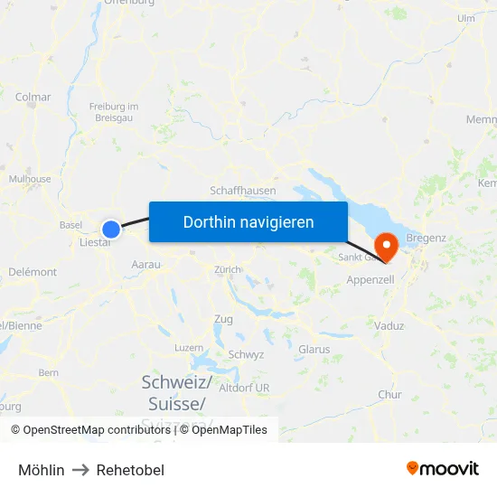 Möhlin to Rehetobel map