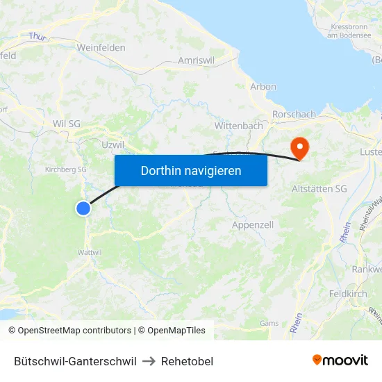 Bütschwil-Ganterschwil to Rehetobel map