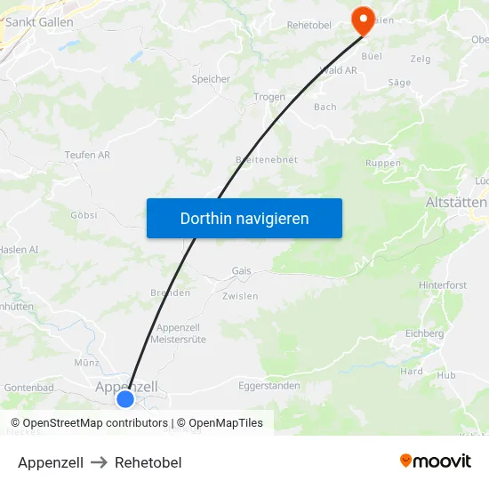 Appenzell to Rehetobel map