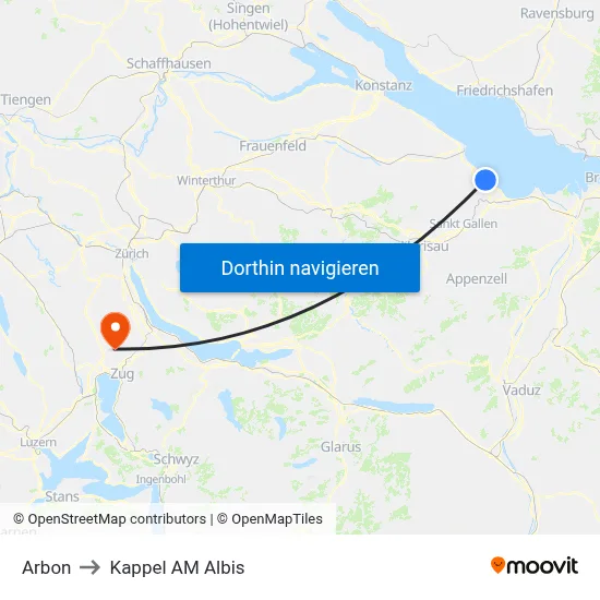 Arbon to Kappel AM Albis map
