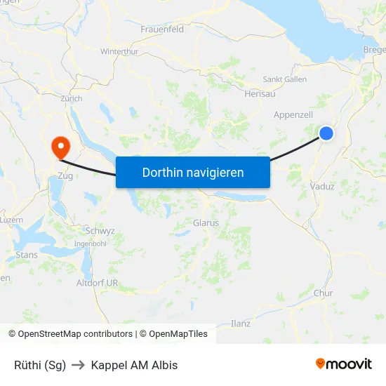 Rüthi (Sg) to Kappel AM Albis map