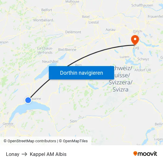 Lonay to Kappel AM Albis map