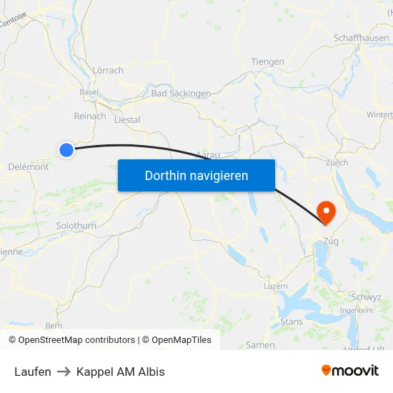 Laufen to Kappel AM Albis map