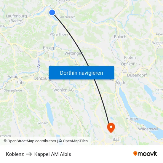 Koblenz to Kappel AM Albis map