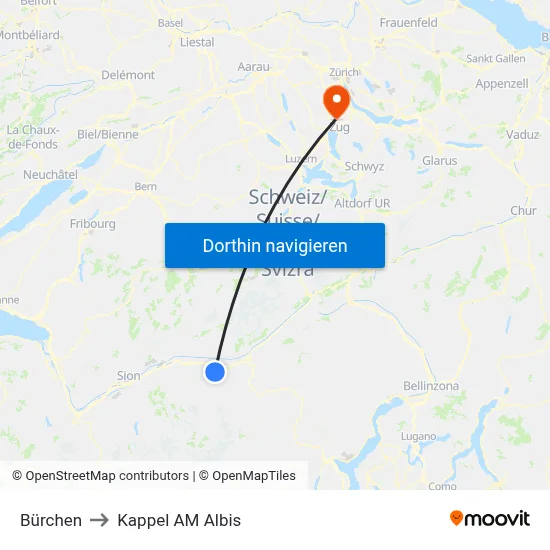 Bürchen to Kappel AM Albis map