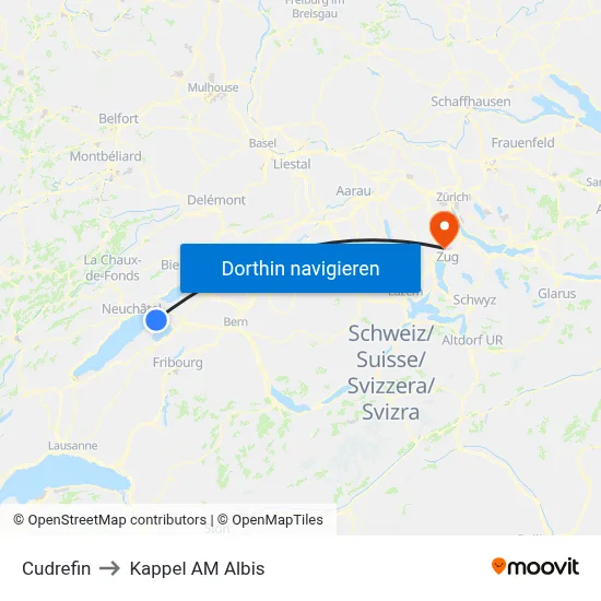 Cudrefin to Kappel AM Albis map