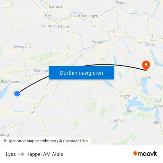 Lyss to Kappel AM Albis map