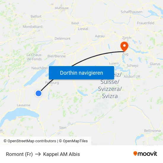 Romont (Fr) to Kappel AM Albis map