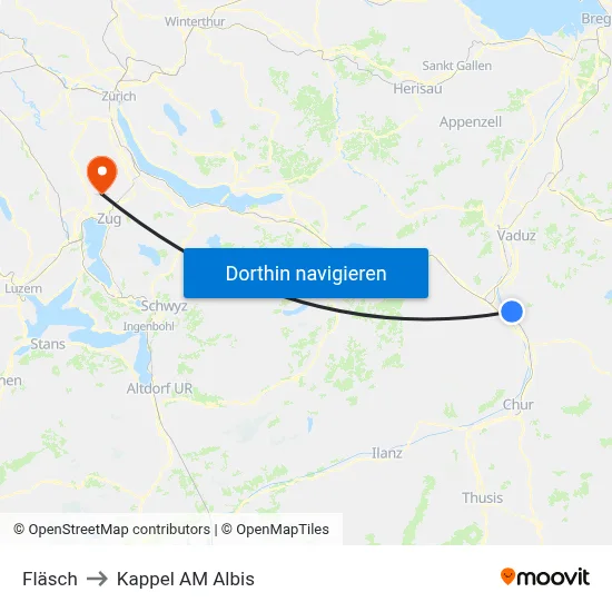 Fläsch to Kappel AM Albis map