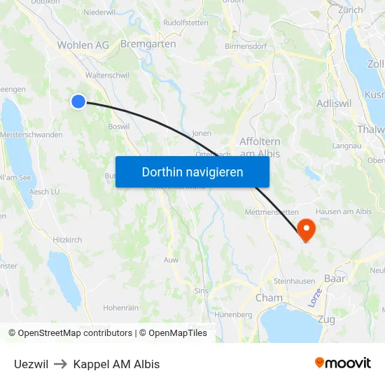 Uezwil to Kappel AM Albis map