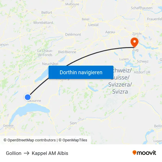 Gollion to Kappel AM Albis map