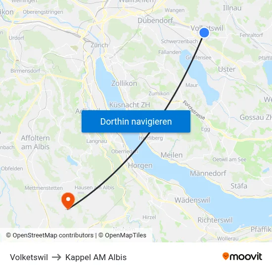 Volketswil to Kappel AM Albis map