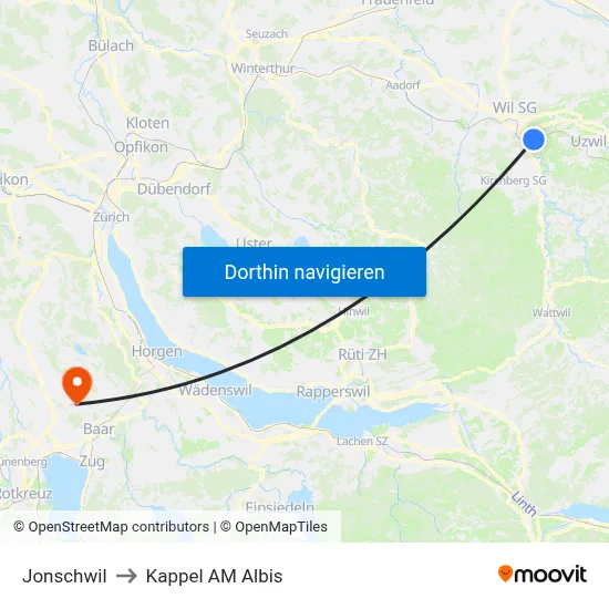 Jonschwil to Kappel AM Albis map