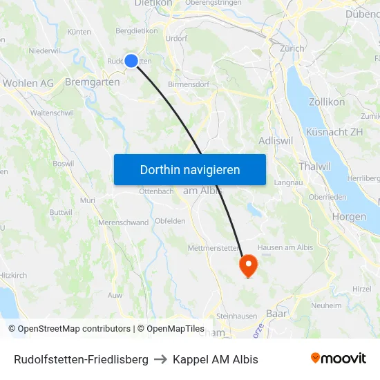 Rudolfstetten-Friedlisberg to Kappel AM Albis map