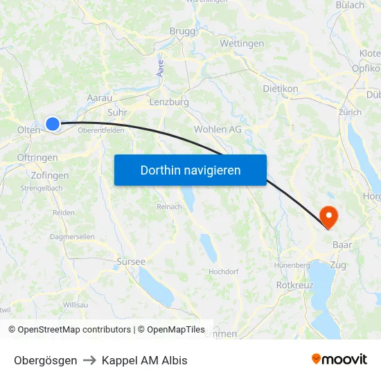 Obergösgen to Kappel AM Albis map