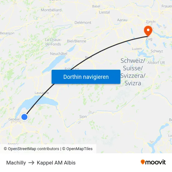 Machilly to Kappel AM Albis map