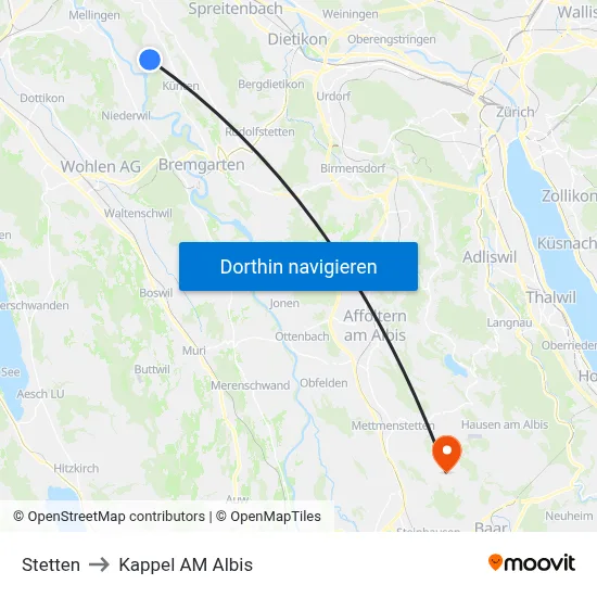 Stetten to Kappel AM Albis map