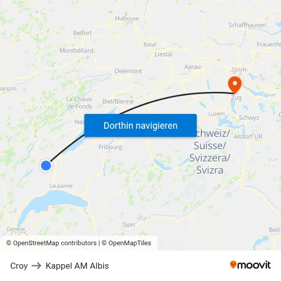 Croy to Kappel AM Albis map