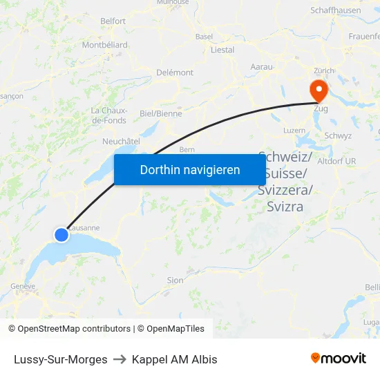 Lussy-Sur-Morges to Kappel AM Albis map