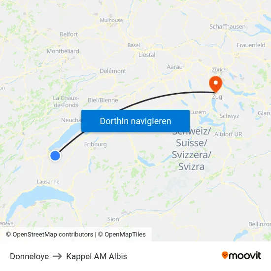 Donneloye to Kappel AM Albis map