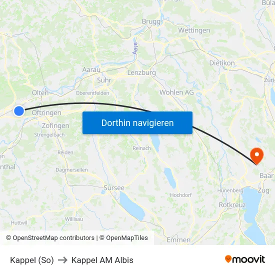 Kappel (So) to Kappel AM Albis map