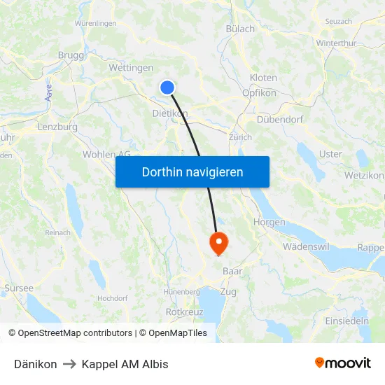 Dänikon to Kappel AM Albis map