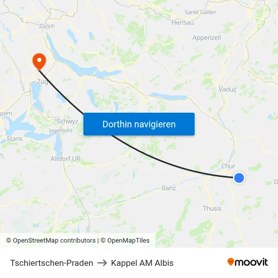 Tschiertschen-Praden to Kappel AM Albis map