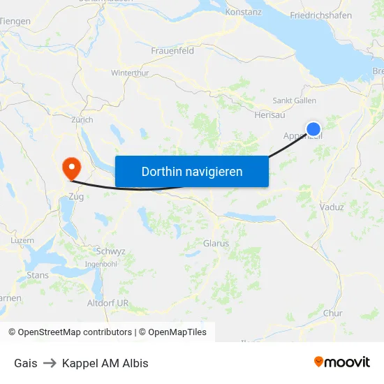 Gais to Kappel AM Albis map