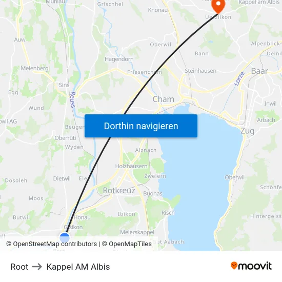 Root to Kappel AM Albis map