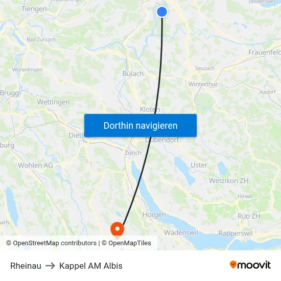 Rheinau to Kappel AM Albis map