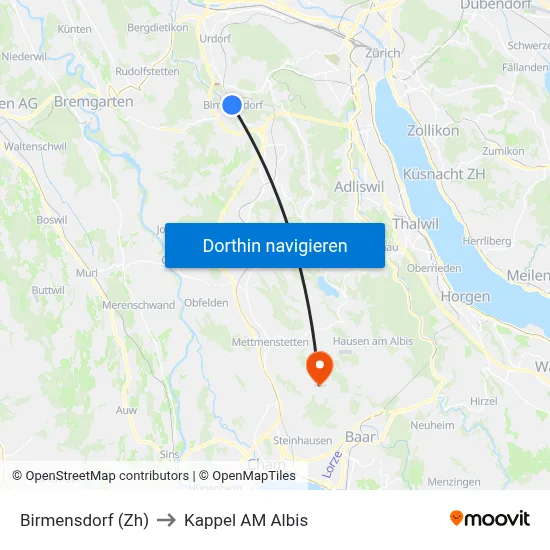 Birmensdorf (Zh) to Kappel AM Albis map